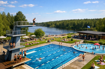 Maauimala Haukiputaalle hyppypaikalla ja vesileikki alueella.